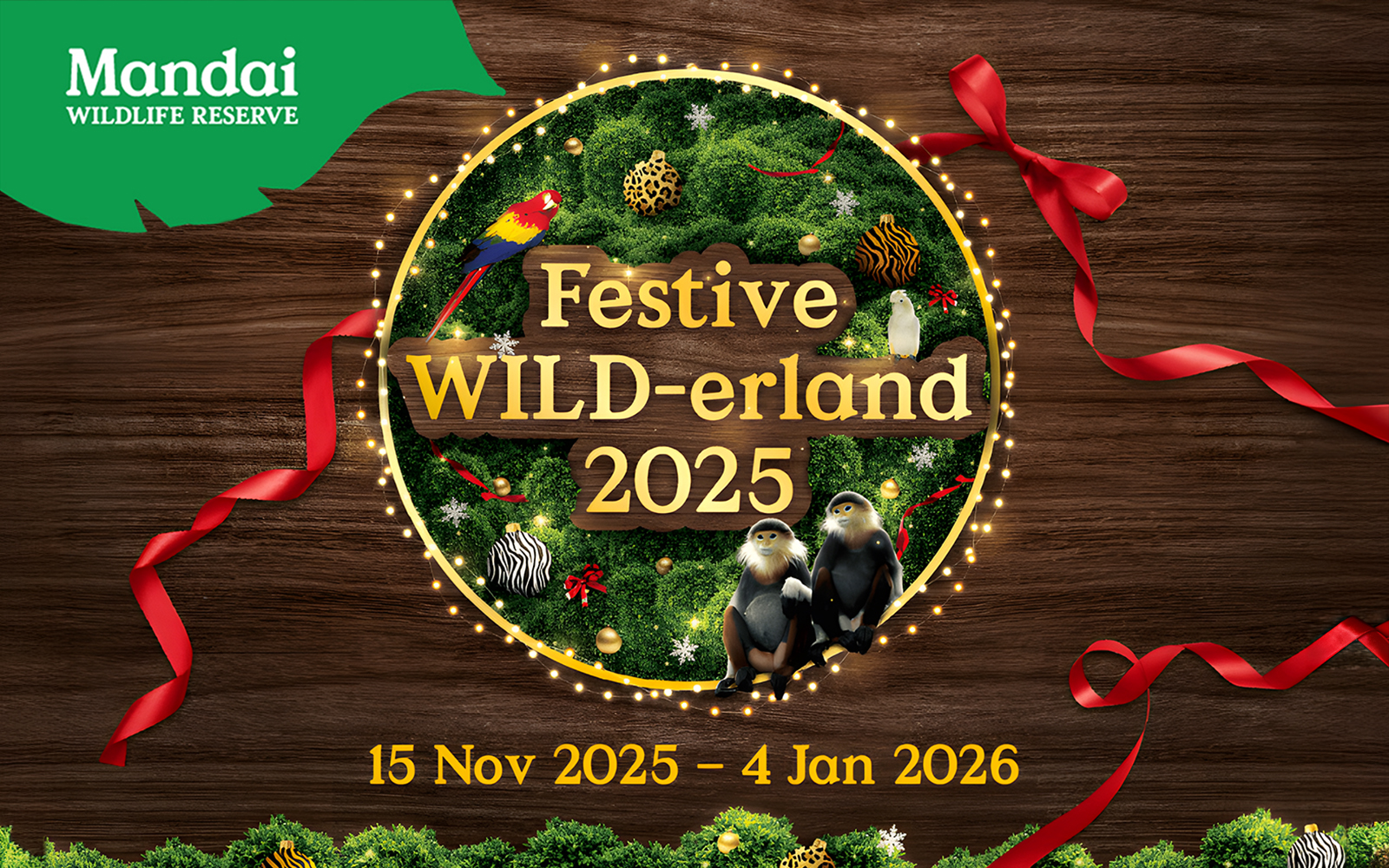 Festive WILD-erland 2025 event poster with animals and decorations at Mandai Wildlife Reserve, Singapore.