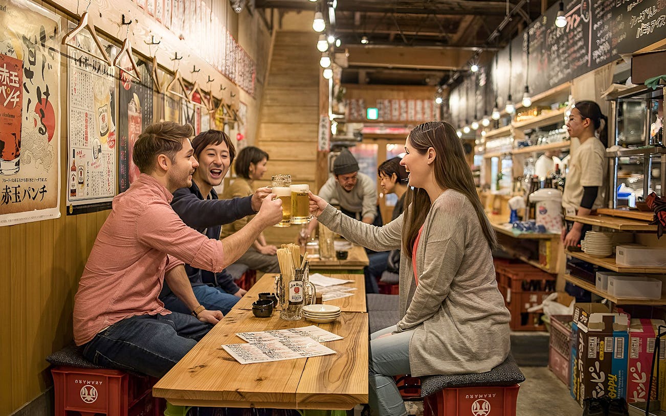 People enjoying drinks at a local bar in Hiroshima during a night tour.