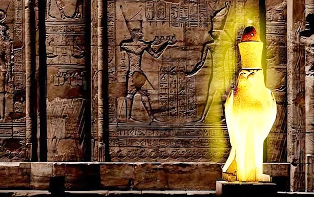 Edfu Temple hieroglyphs illuminated during Sound and Light Show.