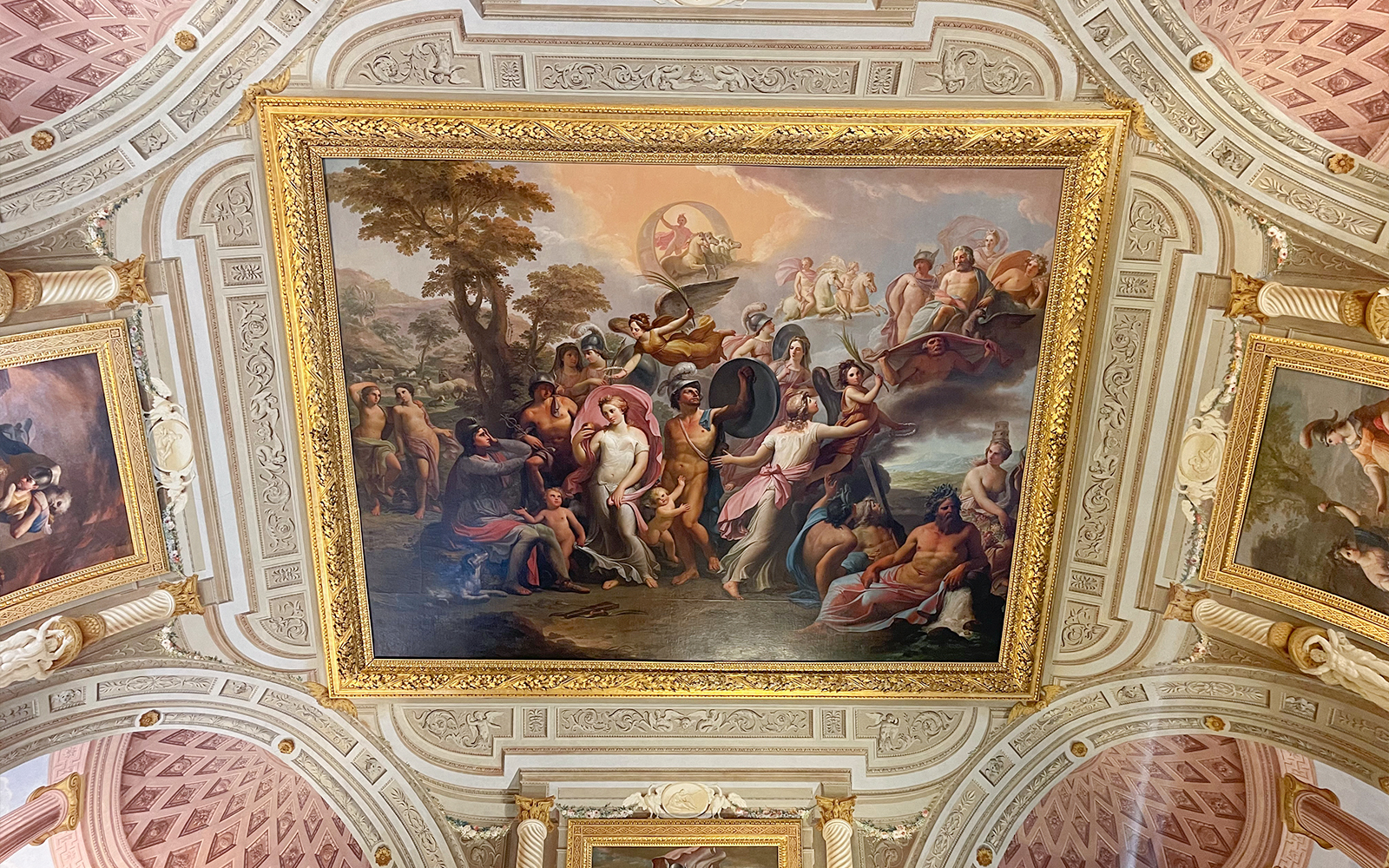 Borghese Gallery ceiling fresco depicting mythological figures in Rome, Italy.