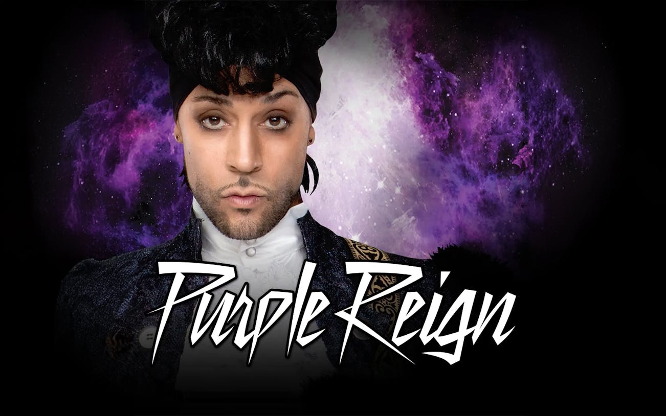 Performer in Purple Reign show with cosmic purple background