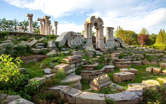Ruins of the Great Waterworks at sunset in the Old Summer Palace, Beijing, China. Yuanmingyuan