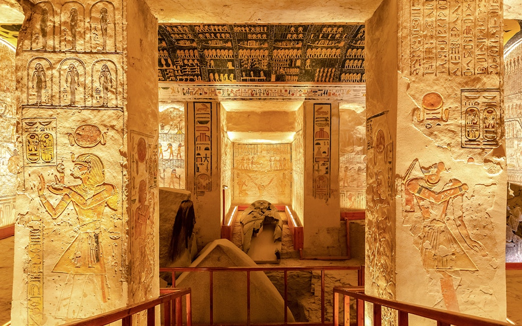 Luxor Temple interior with hieroglyphics and ancient carvings, Valley of the Kings, Egypt.