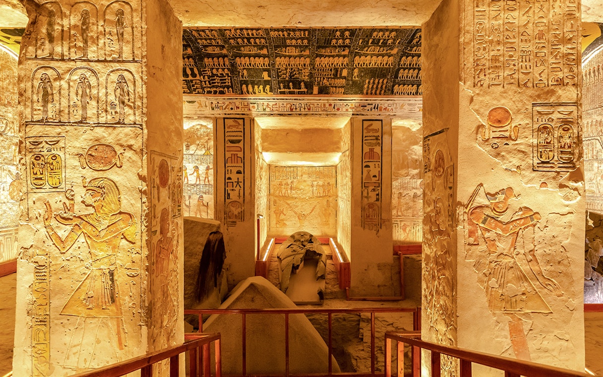Luxor Temple interior with hieroglyphics and ancient carvings, Valley of the Kings, Egypt.