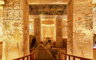 Luxor Temple interior with hieroglyphics and ancient carvings, Valley of the Kings, Egypt.