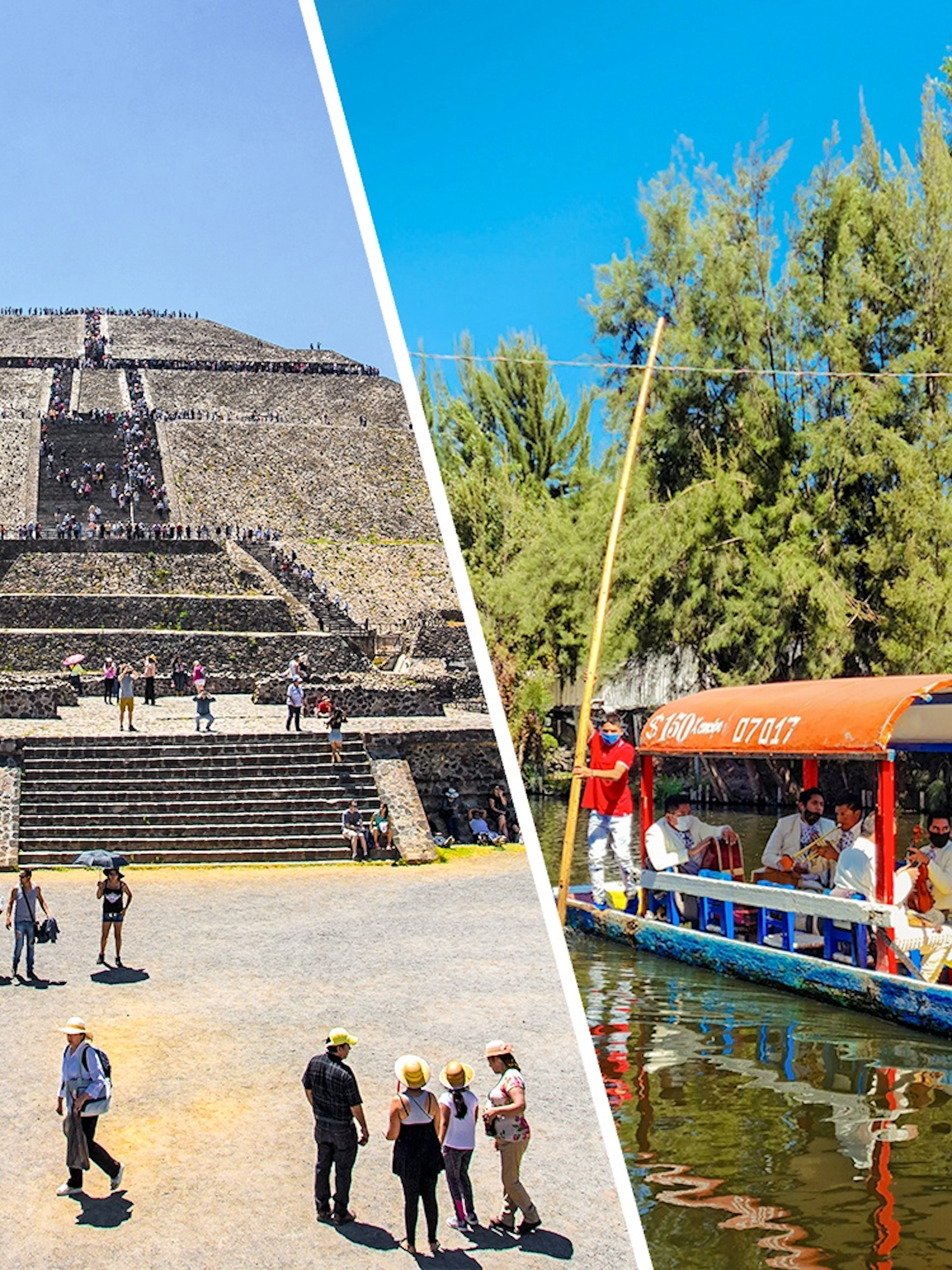 Teotihuacan Sun Pyramid with visitors and Xochimilco trajinera boat with people enjoying a ride.
