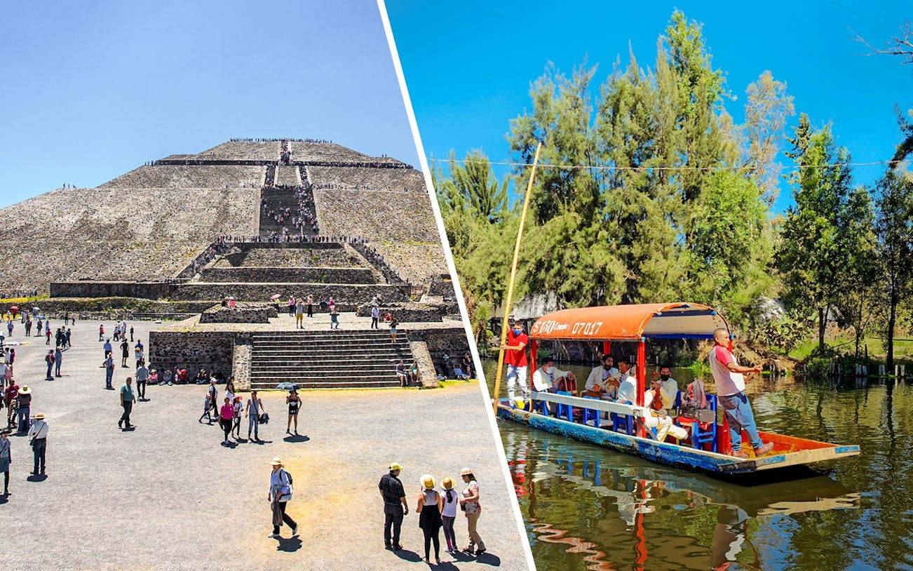 Teotihuacan Sun Pyramid with visitors and Xochimilco trajinera boat with people enjoying a ride.