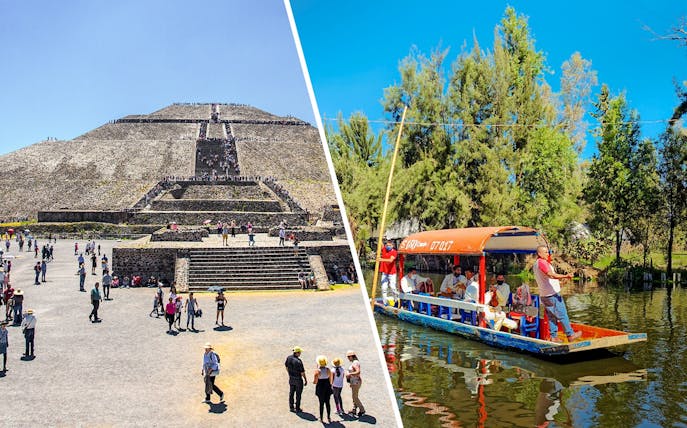 Teotihuacan Sun Pyramid with visitors and Xochimilco trajinera boat with people enjoying a ride.