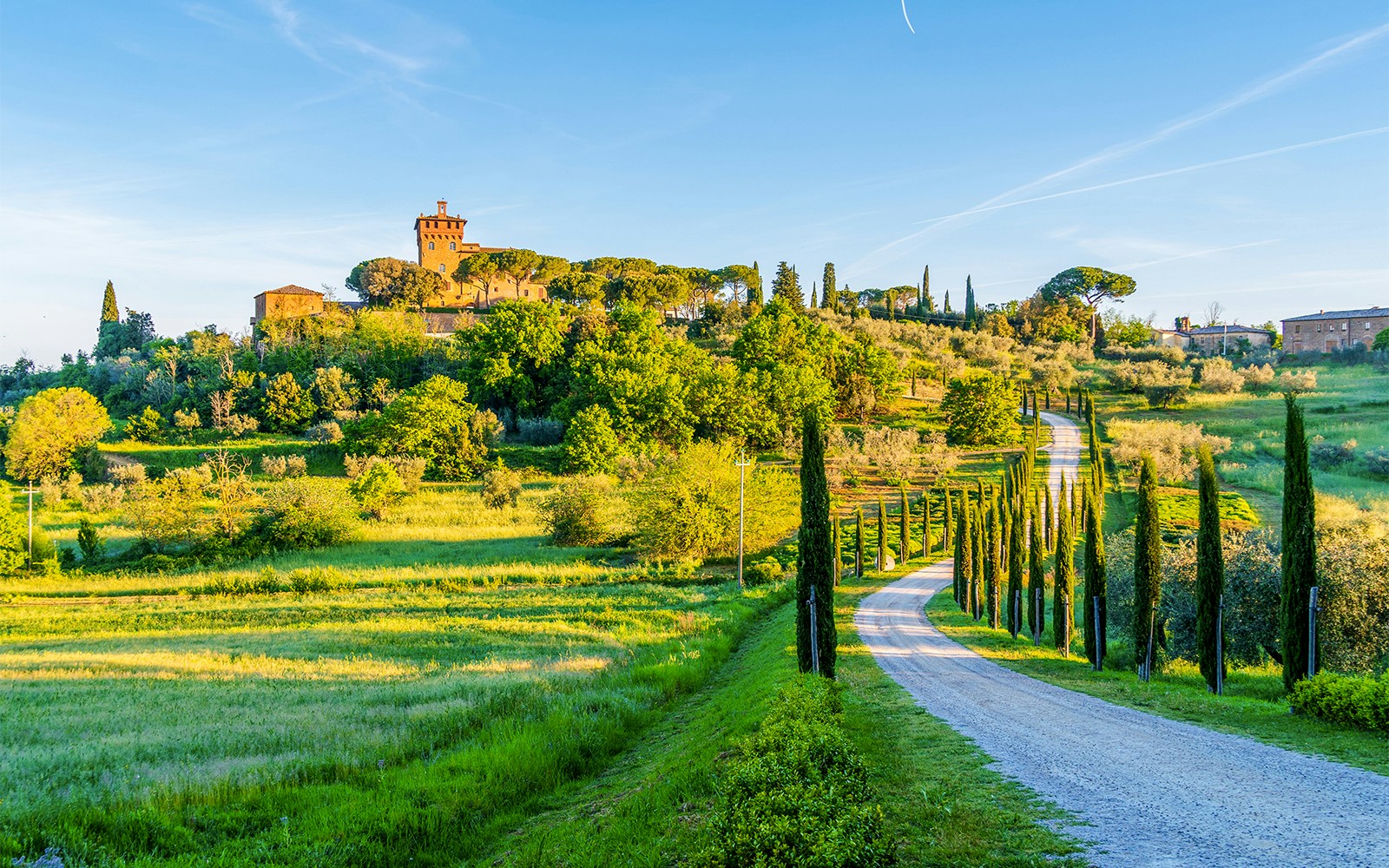 Tuscan countryside with rolling hills and vineyards in Italy.