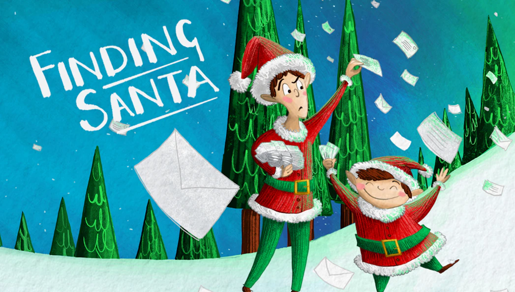 Elves in red outfits searching for Santa in a snowy forest with letters flying around.