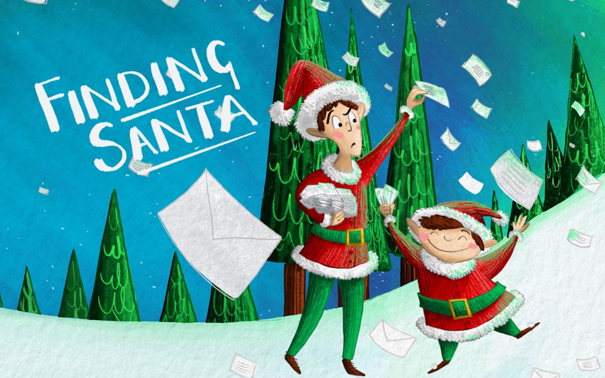 Elves in red outfits searching for Santa in a snowy forest with letters flying around.