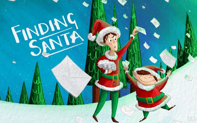 Elves in red outfits searching for Santa in a snowy forest with letters flying around.