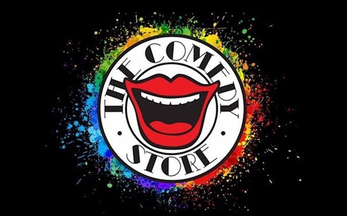 Comedy Store logo with colorful splash background, associated with The Best In Stand Up.