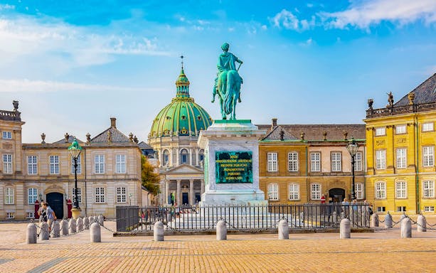 Frederik's Church and equestrian statue at Amalienborg Palace, Copenhagen, on Hop-On Hop-Off Bus Tour.