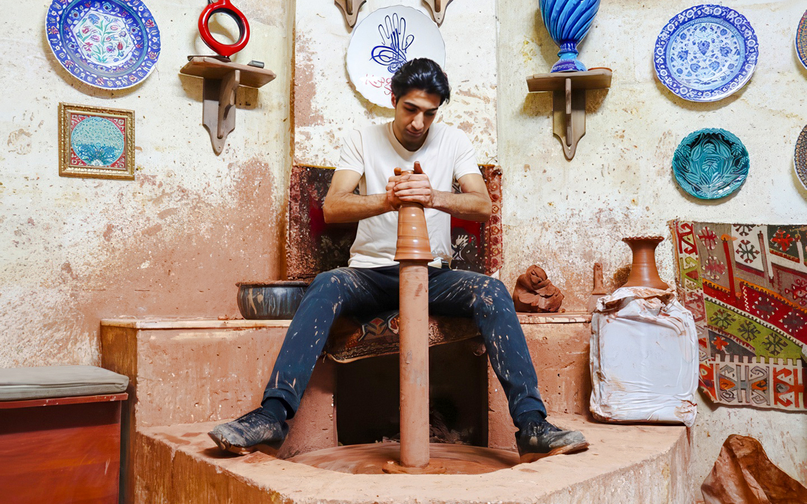 Guest crafting pottery at Cappadocia workshop, surrounded by traditional ceramics.