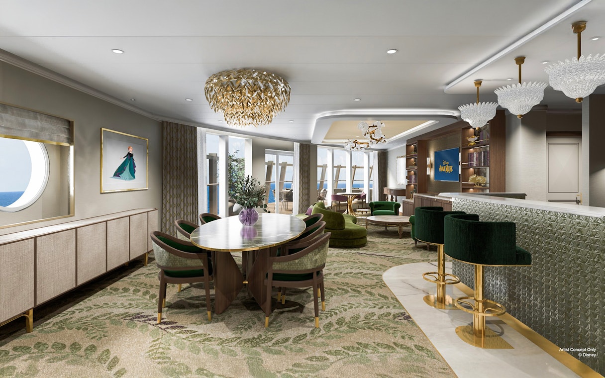 Concierge Royal Suite with oceanview verandah on Disney Adventure Cruise, featuring elegant dining area and lounge.