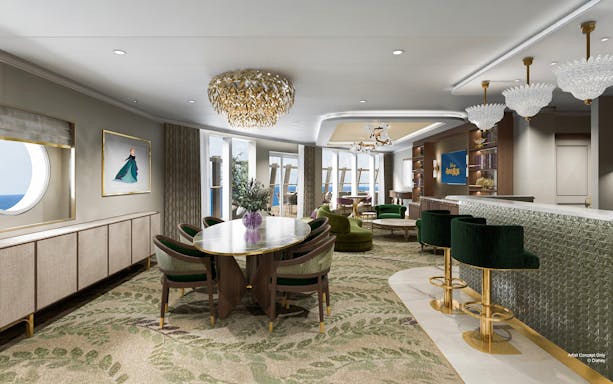 Concierge Royal Suite with oceanview verandah on Disney Adventure Cruise, featuring elegant dining area and lounge.