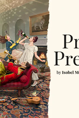 Characters in period costumes singing and playing instruments on a sofa, promoting "Pride and Prejudice* (*sort of).