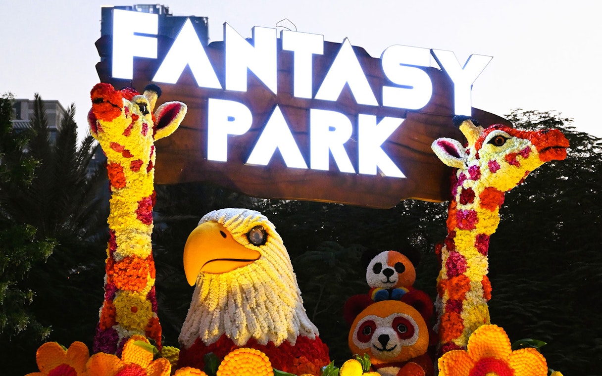 Floral animal sculptures at Fantasy Park, Dubai Garden Glow.