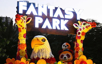 Floral animal sculptures at Fantasy Park, Dubai Garden Glow.