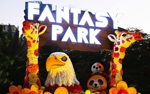 Floral animal sculptures at Fantasy Park, Dubai Garden Glow.