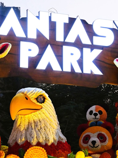 Floral animal sculptures at Fantasy Park, Dubai Garden Glow.