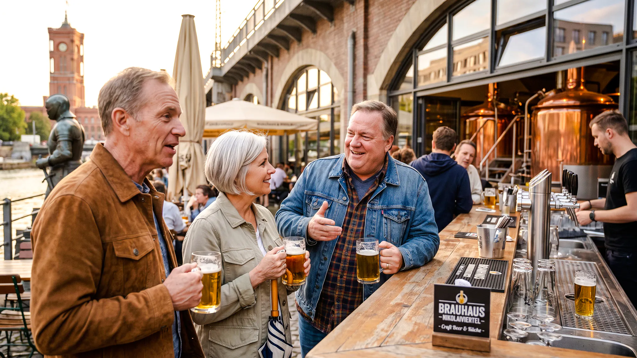 Group enjoying beers at an outdoor brewery in Berlin during Oktoberfest walking tour.