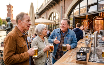 Group enjoying beers at an outdoor brewery in Berlin during Oktoberfest walking tour.
