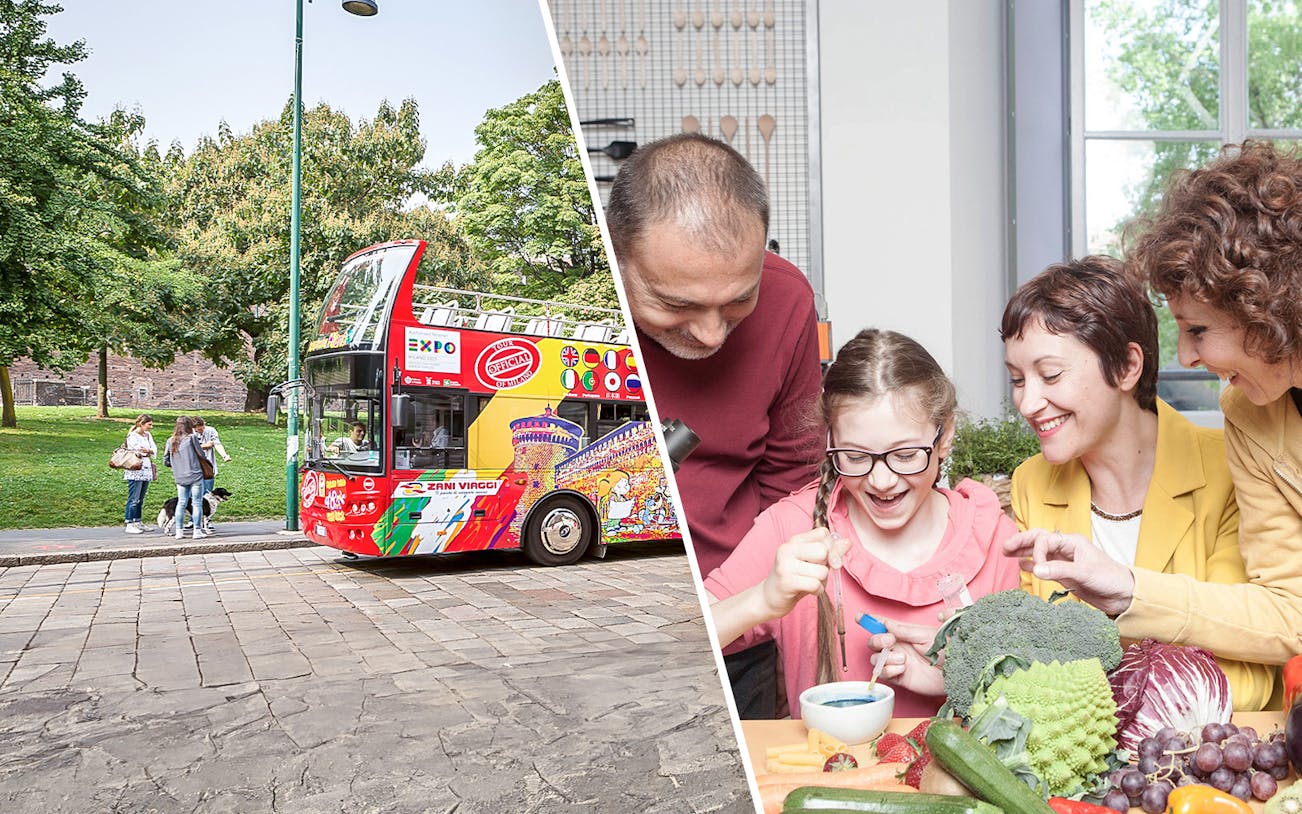 Milan hop-on hop-off bus near park and family enjoying cooking class.
