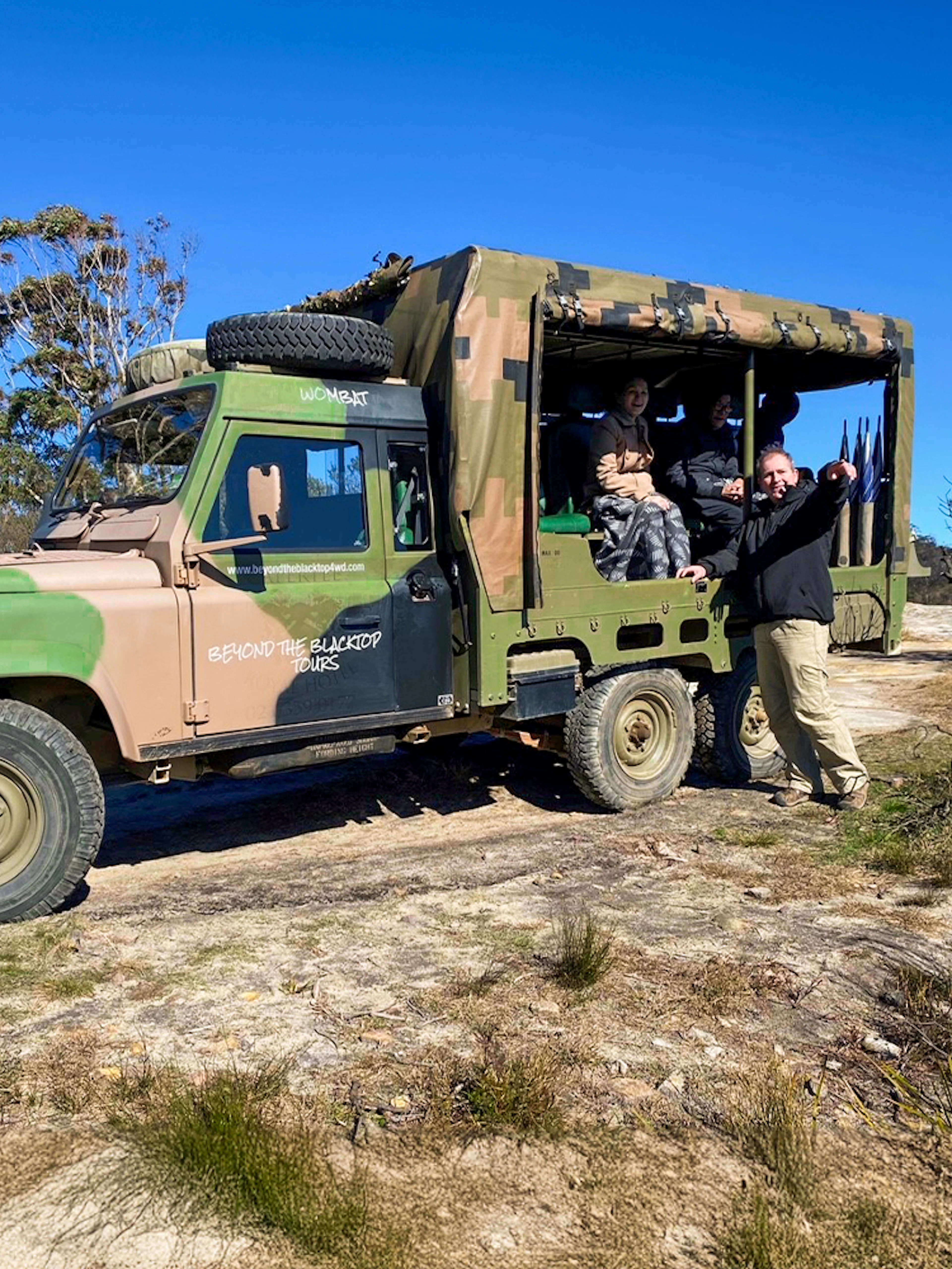 Army truck with tourists on a guided tour in Blue Mountains, Australia.