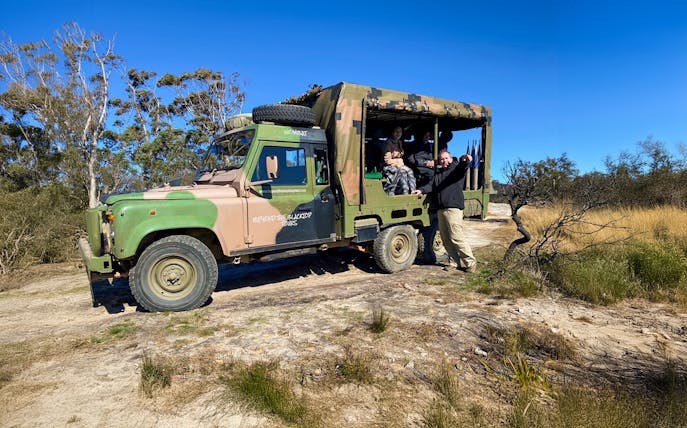 Army truck with tourists on a guided tour in Blue Mountains, Australia.