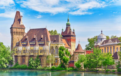 Vajdahunyad Castle with lake reflection in Budapest, Hungary.