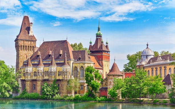 Vajdahunyad Castle with lake reflection in Budapest, Hungary.