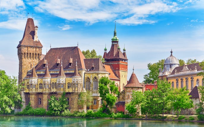 Vajdahunyad Castle with lake reflection in Budapest, Hungary.
