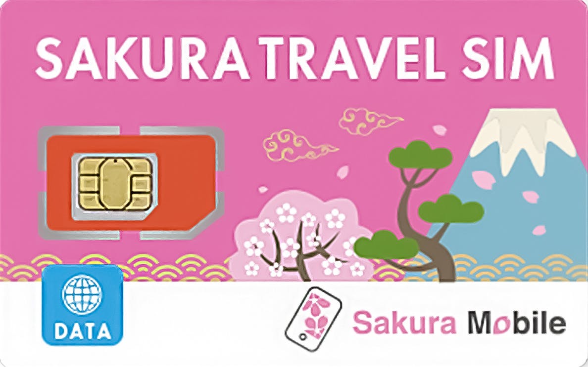 Japan Unlimited 4G/LTE SIM Card with cherry blossoms and Mount Fuji illustration.
