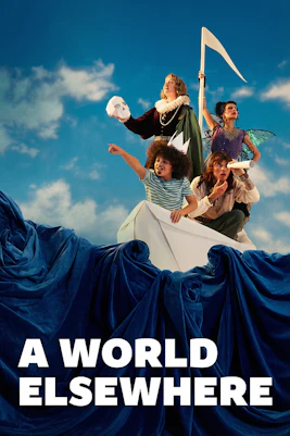 Actors in theatrical costumes on a paper boat, promoting A World Elsewhere Westend show.