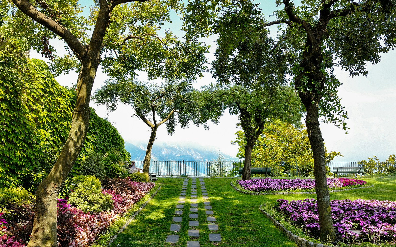 Principessa di Piemonte garden with scenic view of Ravello and Amalfi Coast, Italy.