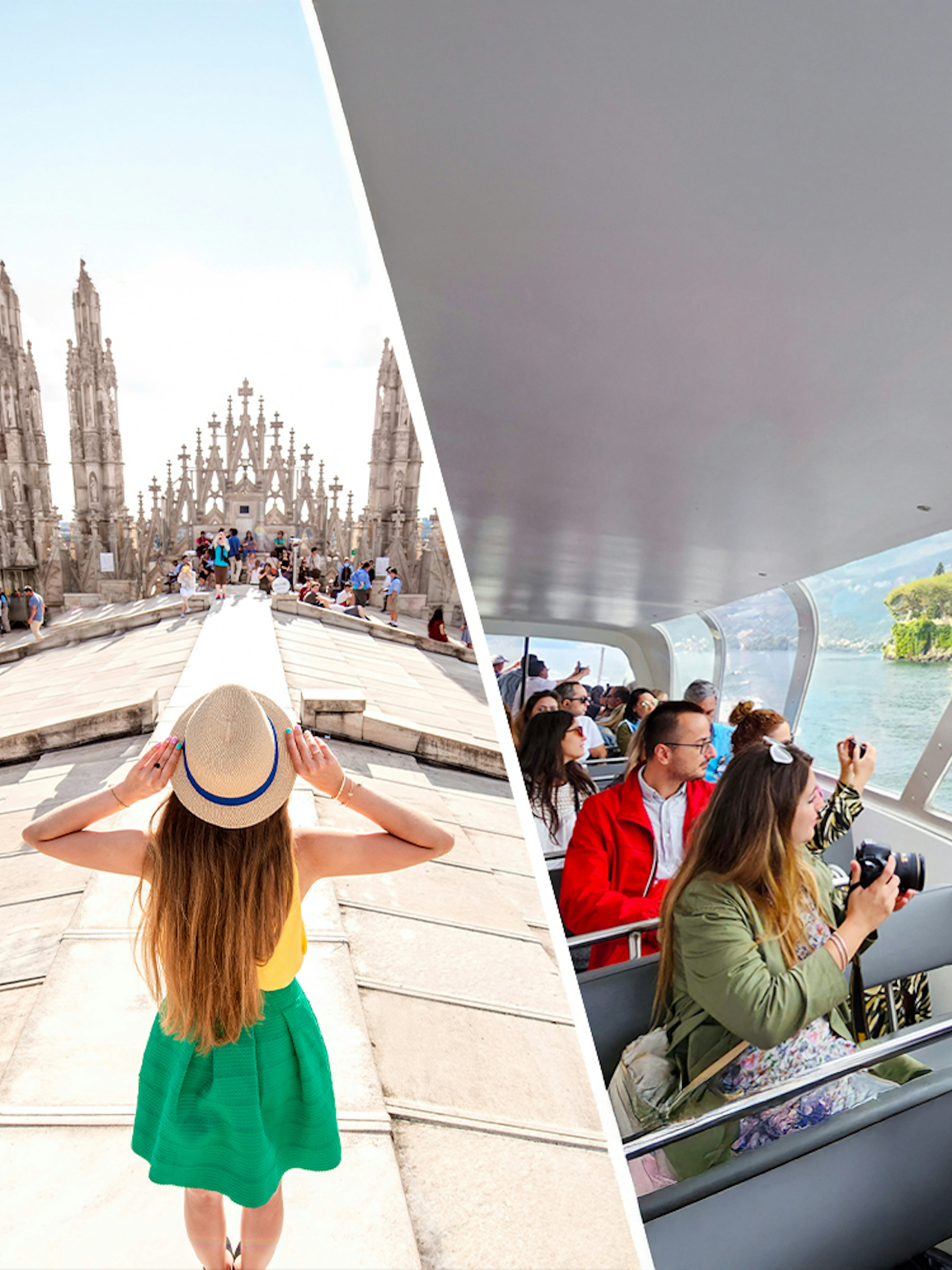 Visitors exploring the rooftop of Duomo Cathedral in Milan, capturing views.