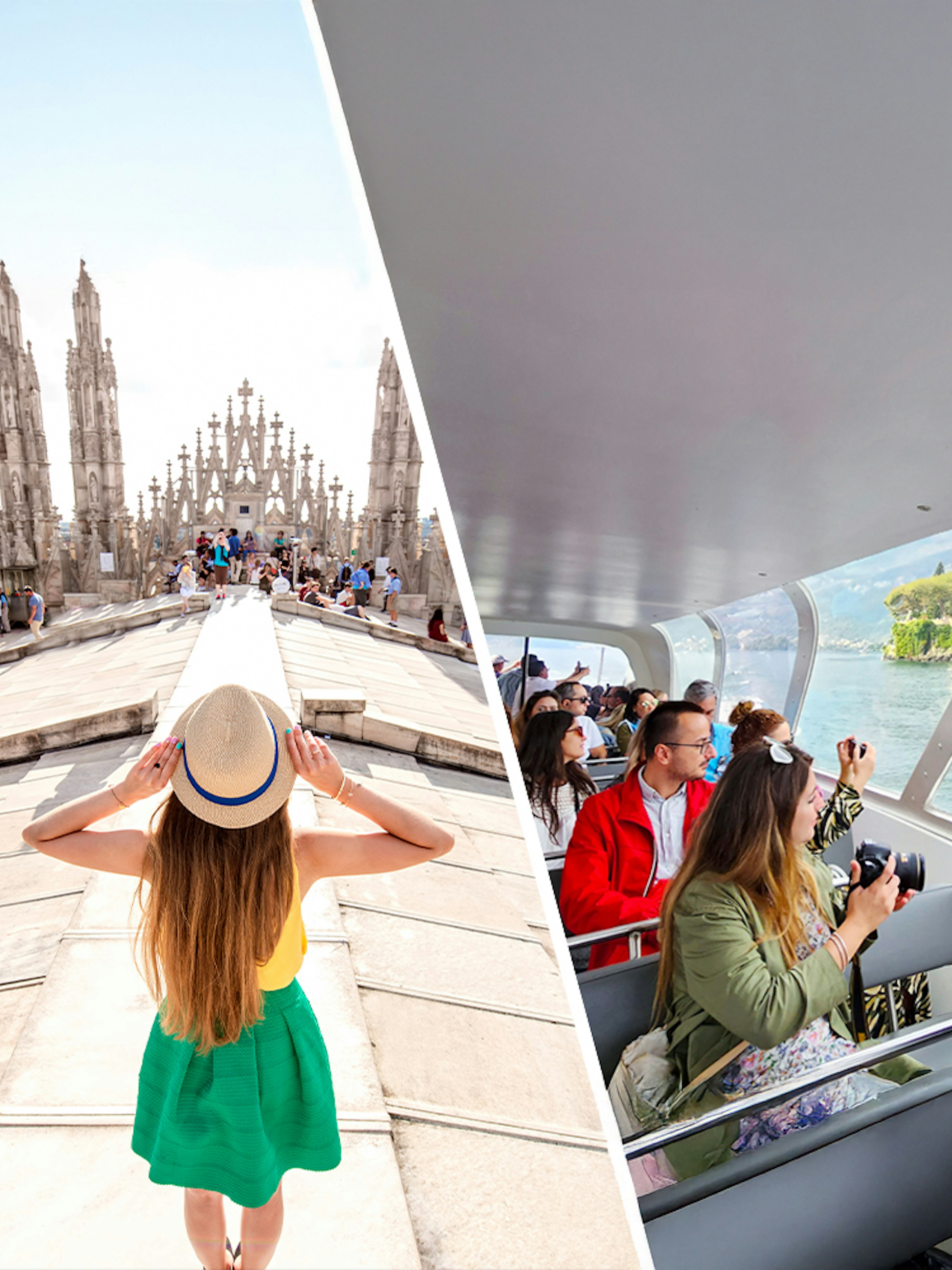 Visitors exploring the rooftop of Duomo Cathedral in Milan, capturing views.