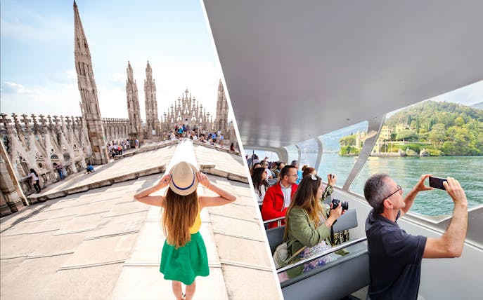 Visitors exploring the rooftop of Duomo Cathedral in Milan, capturing views.