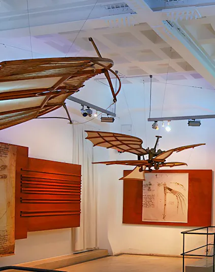 Flying machine models at Leonardo da Vinci Museum exhibit.