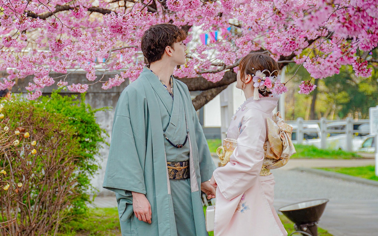 Couple in Yukata under cherry blossoms in Japan.