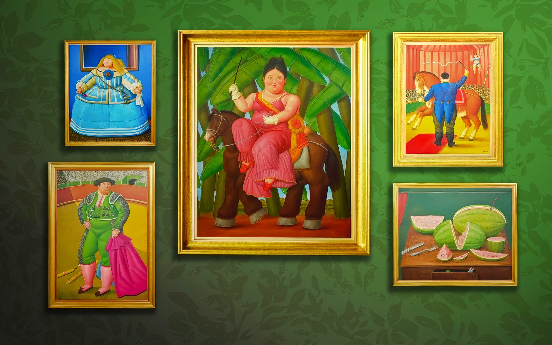 Botero paintings on a green wall, featuring a woman on horseback, a matador, and sliced fruit.