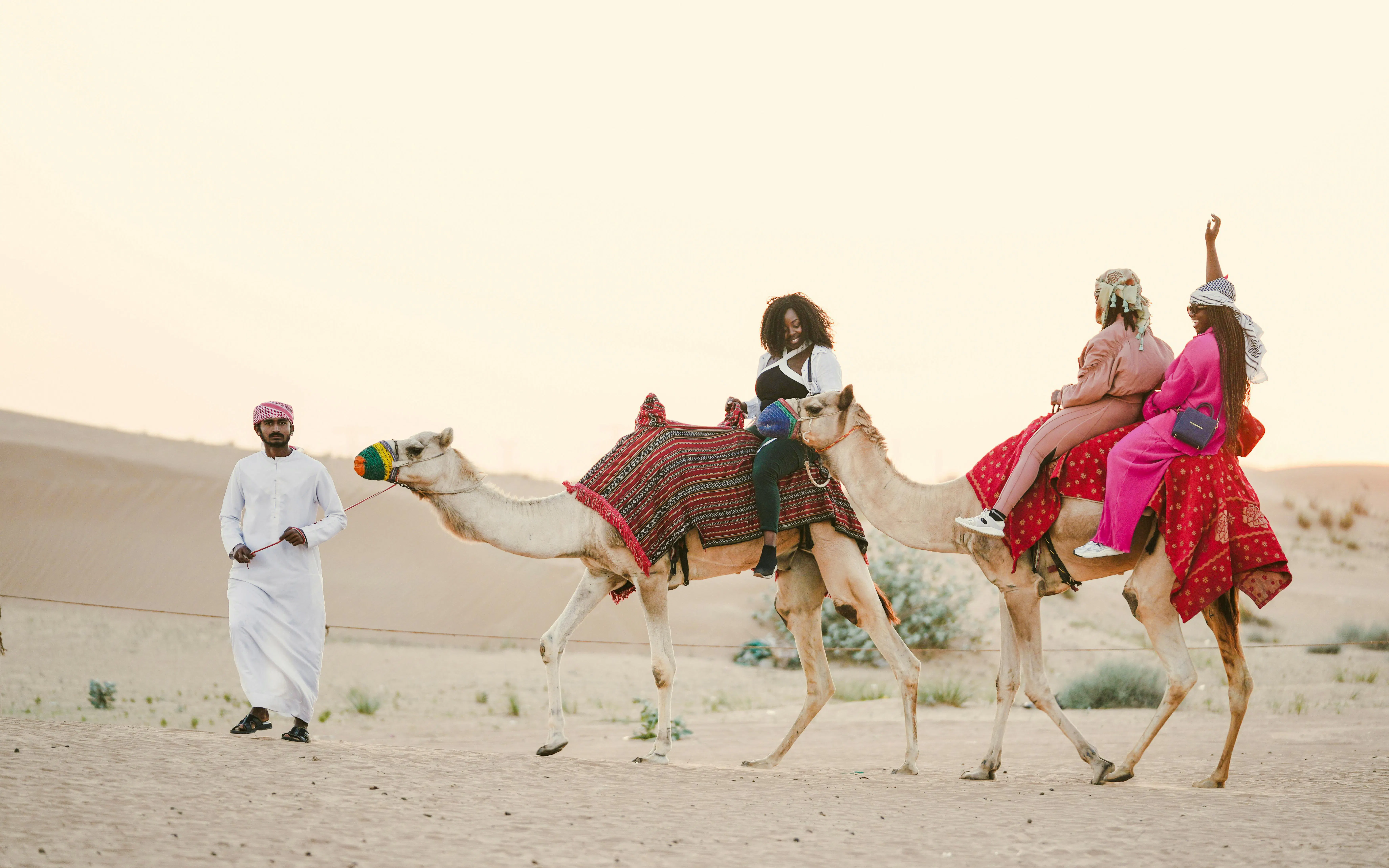 Camel safari in Doha desert with riders and guide.