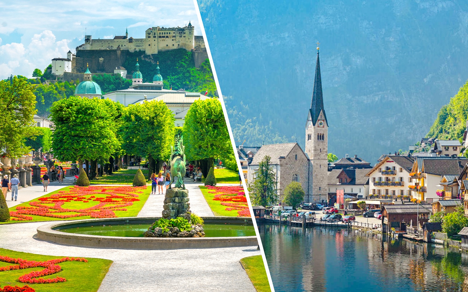 Hallstatt village with lakeside view and church, Austria.