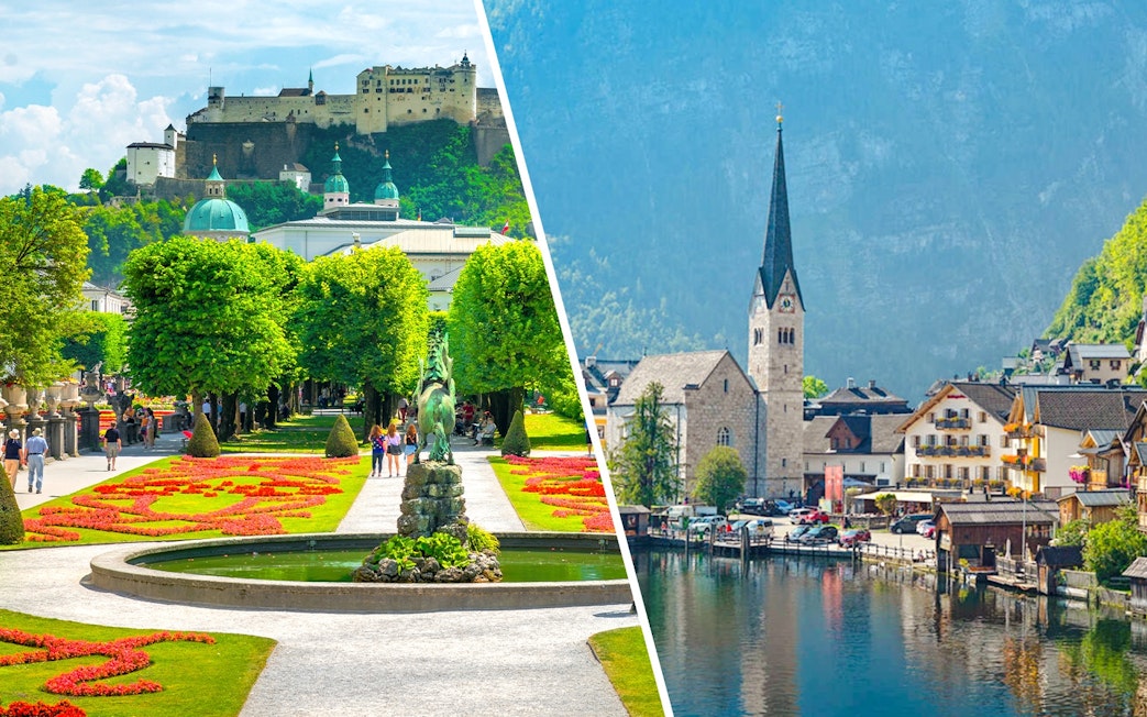 Hallstatt village with lakeside view and church, Austria.
