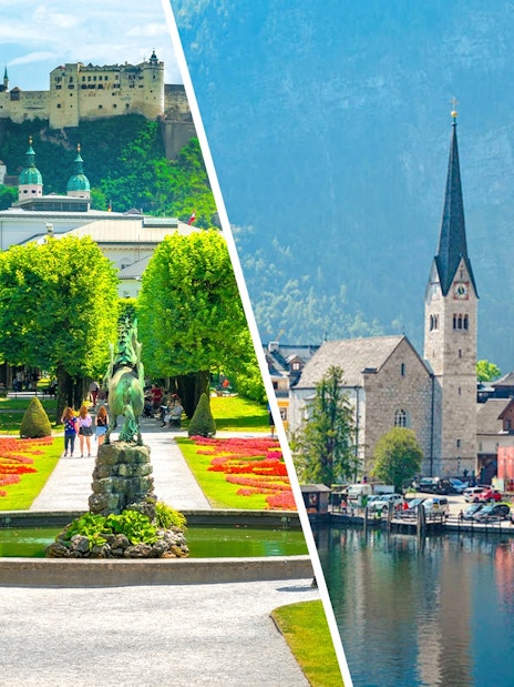 Hallstatt village with lakeside view and church, Austria.