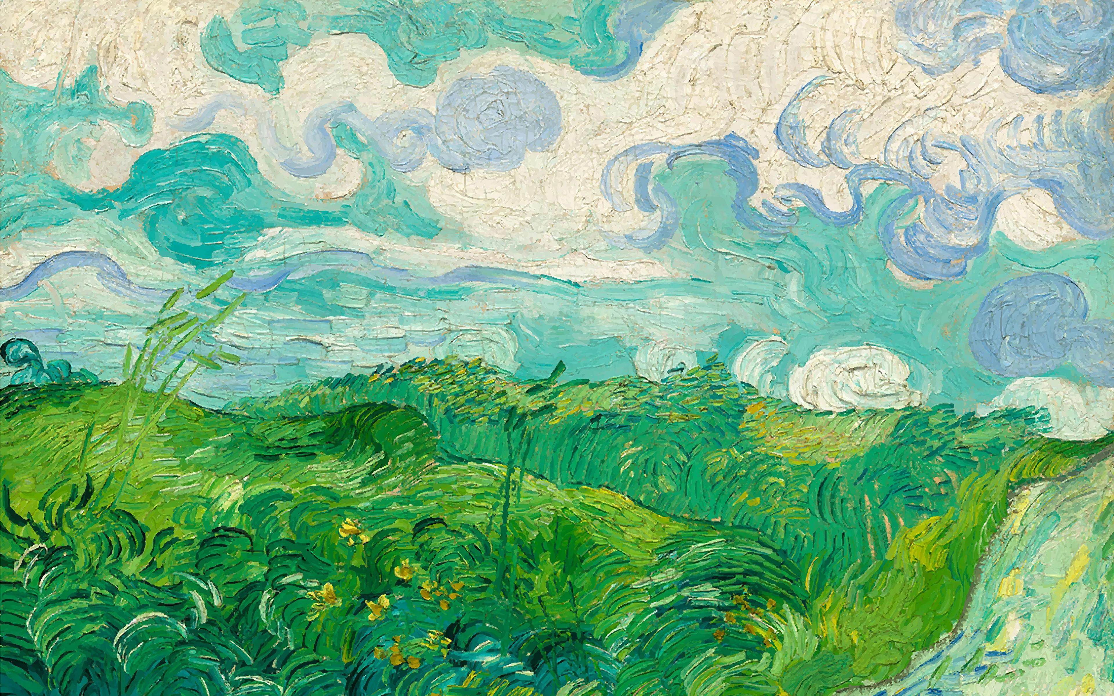 Green wheat fields under swirling blue sky, Van Gogh Museum.