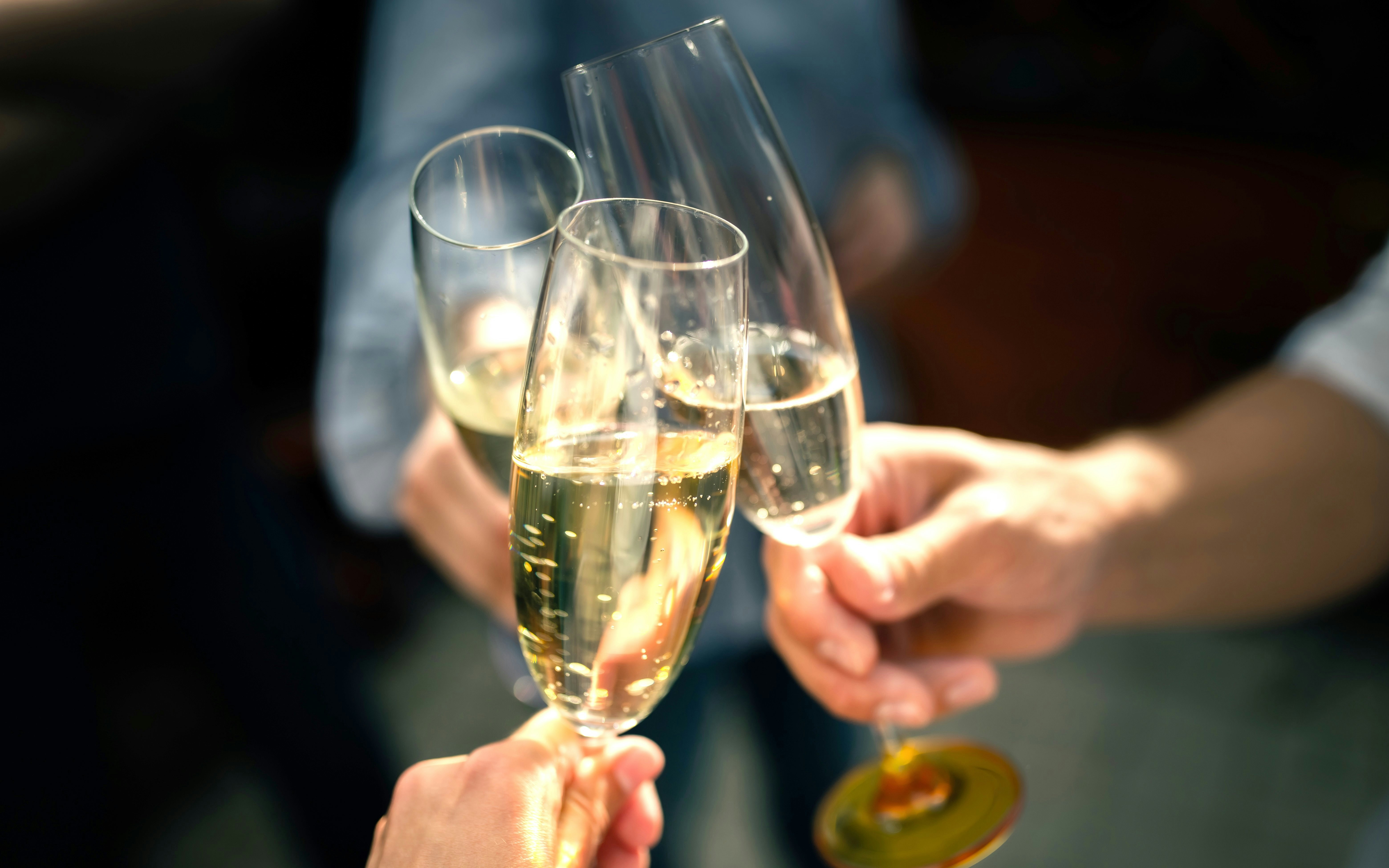 Friends clinking champagne glasses at a celebration.