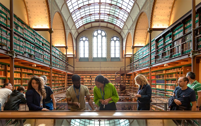 Visitors exploring the library in the Rijksmuseum during a guided tour in Amsterdam.